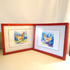 Two chicken portraits gliceé prints from a watercolor with red frames